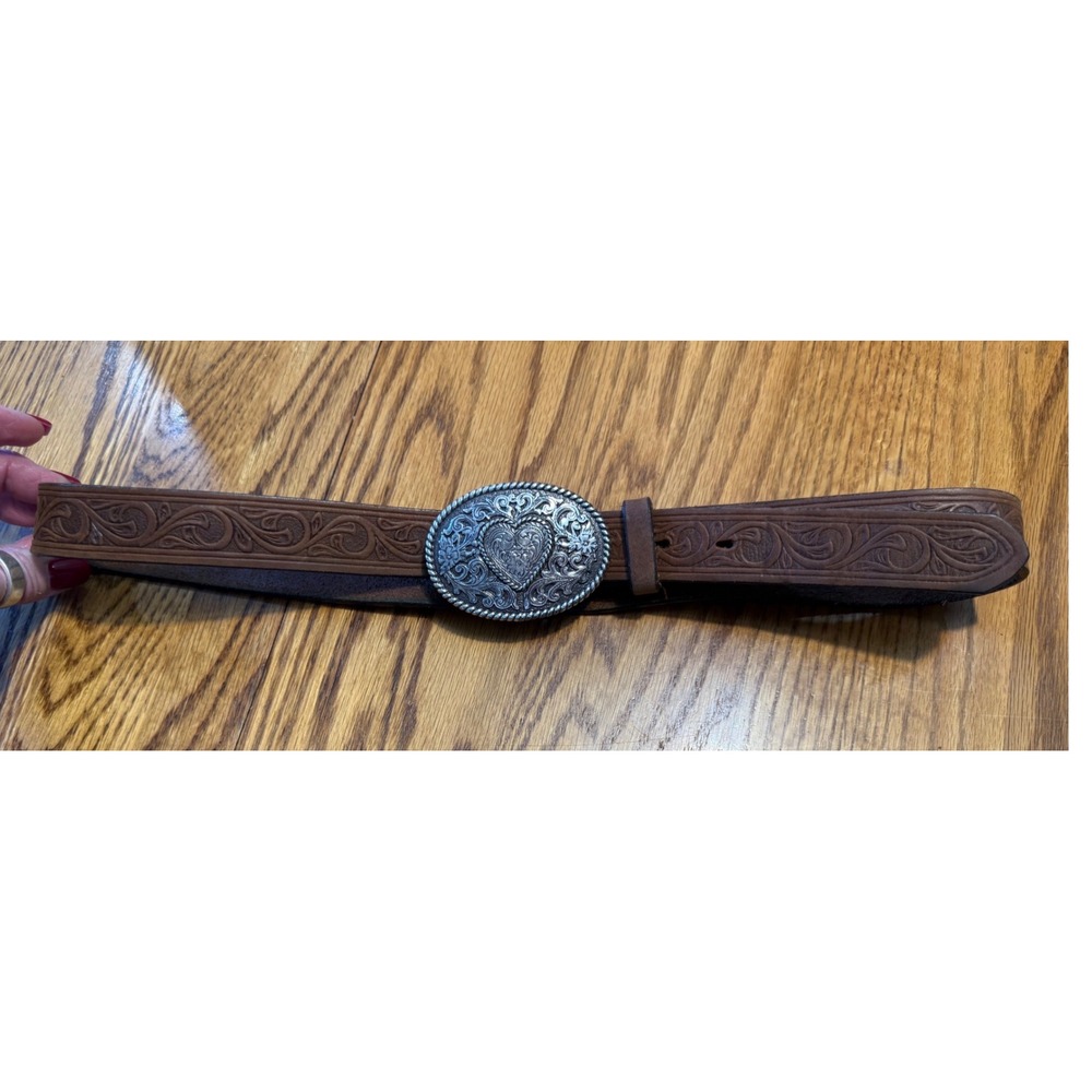 Justin Brown Floral Tooled Leather Western Belt Silver Heart Buckle 34 USA Made